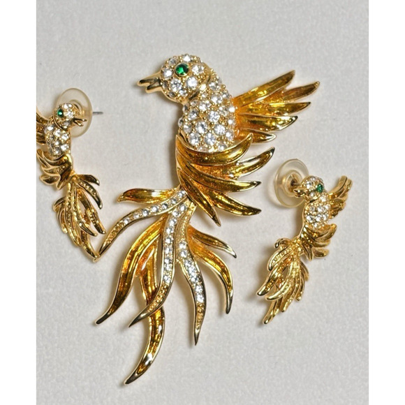 Vtg Set 3, Bird of Paradise Lg 3" Enamel Rhinestone Chrystal Pin Brooch/Earrings - Picture 2 of 16